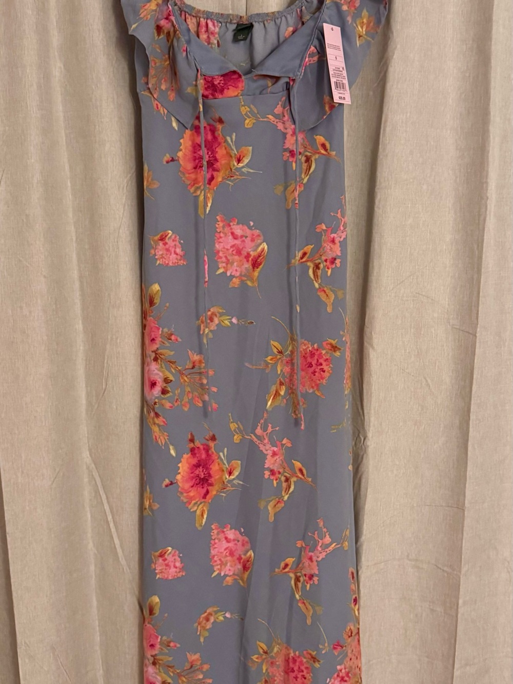 wild fable Dusty Blue Floral Maxi Dress with Pink & Gold Accents